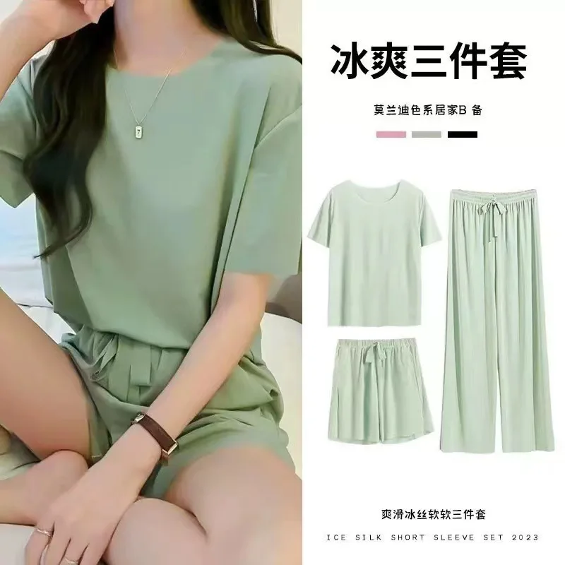 Summer Soft Ice Silk Pajamas Three-piece Women's Home Clothes Simple Casual Comfortable Loose Short-sleeved Shorts Set