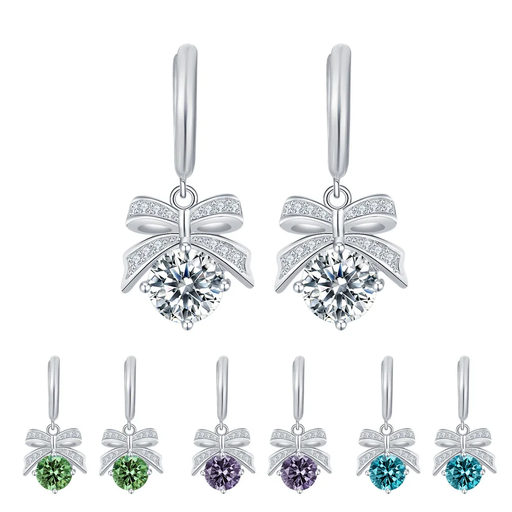 

S925 sterling silver 1 carat moissanite colored earrings, bow earrings, light luxury high-end fashion earrings, women's