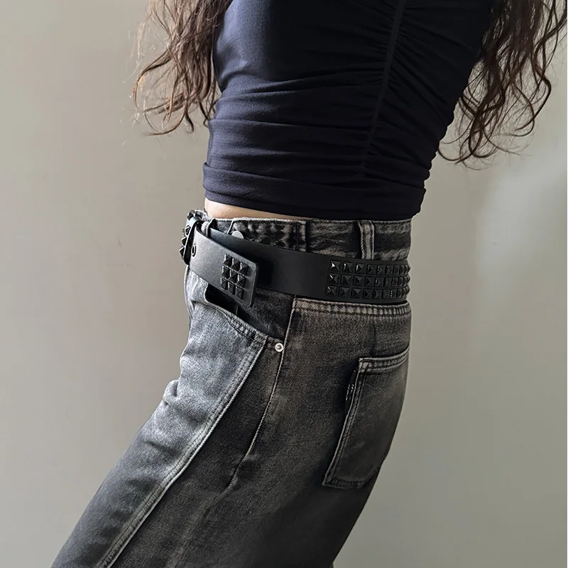 블랙 패션 라인 석 리벳 청바지 벨트 남성 남성 & 여성의 박힌 벨트 여성 펑크 핀 버클 고딕 액세서리 Y2K 벨트