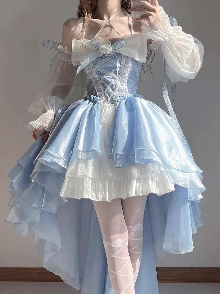 New Blue Lolita Sweet and lovely Women Daily Dress flower bridal style long Trailing Party Princess Layered Cake Dress