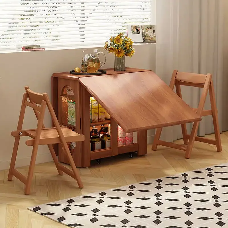 Folding dining table, small family, American retro style, movable and retractable square dining table and chair set