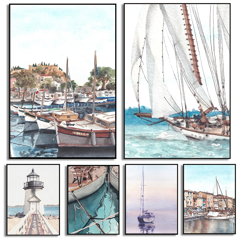 South of France Nautical Art Posters Watercolor Prints Canvas Painting French Riviera Wall Art Pictures Home Room Decoration