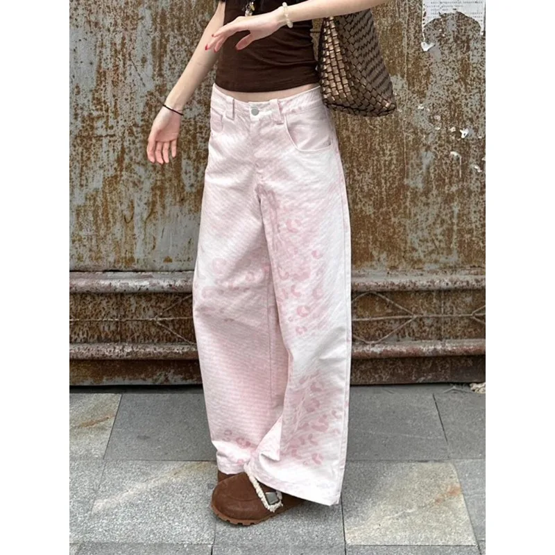 กางเกงยีนส์ขากว้างเอวสูงวินเทจสีชมพูของผู้หญิง 2025 ฤดูร้อนสไตล์เกาหลีสลิมมิ่งประเภทพิเศษกางเกงยีนส์ผู้หญิง