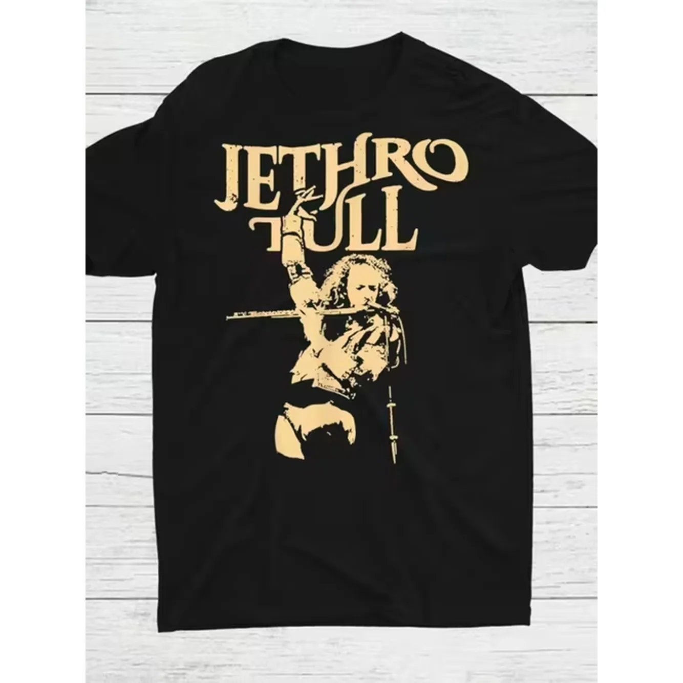 mens plus size black short sleeve t shirt with vintage rock graphic design featuring gold text and flute illustration casual lovers