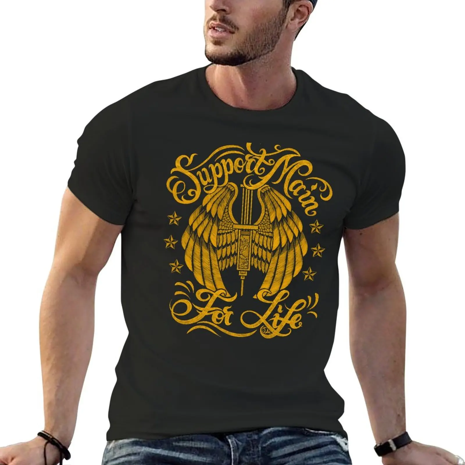 

“Support Main” Yellow Syringe Wings Calligraphy Biker T-Shirt summer tops Personalized t-shirt heavy weight t shirts for men