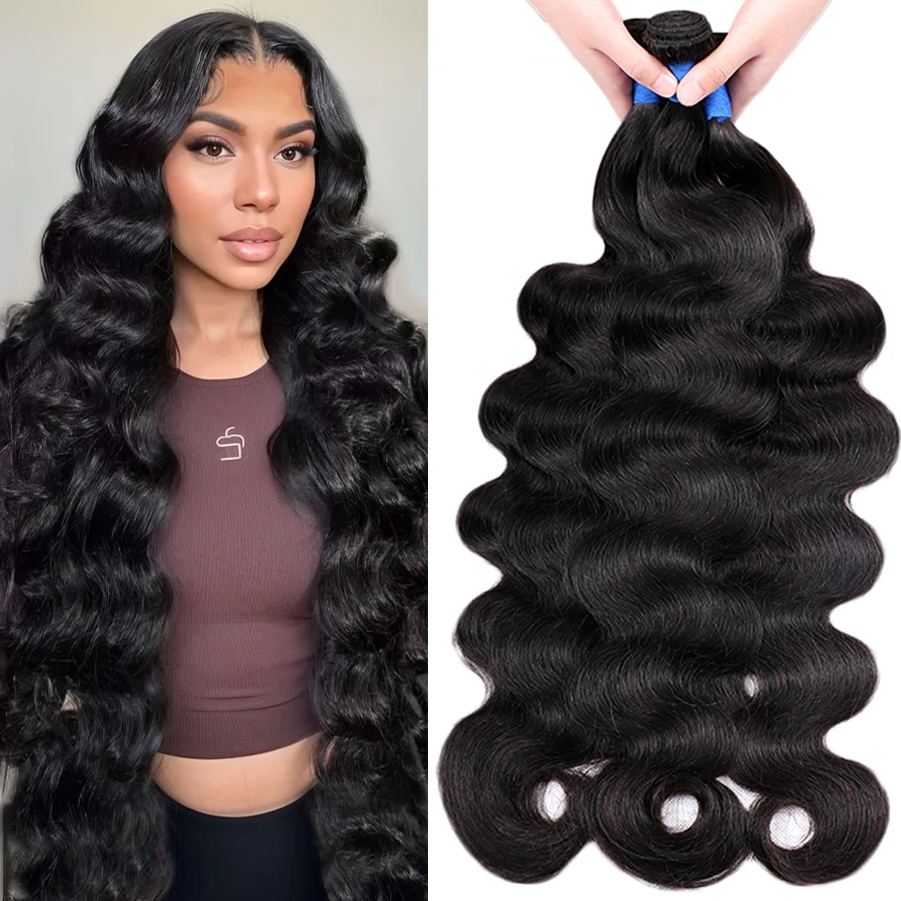 人毛バンドル 22 24 26 28 インチ実体波人毛バンドル 3/4 個厚いブラジリアンヘアエクステンションヘアバンドル