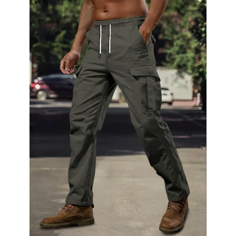 UETEEY Spring Autumn Cargo Pants Men Multi Pocket Work Trousers Slim Straight Outdoor Casual Joggers Mid Waist Sweatpants Man