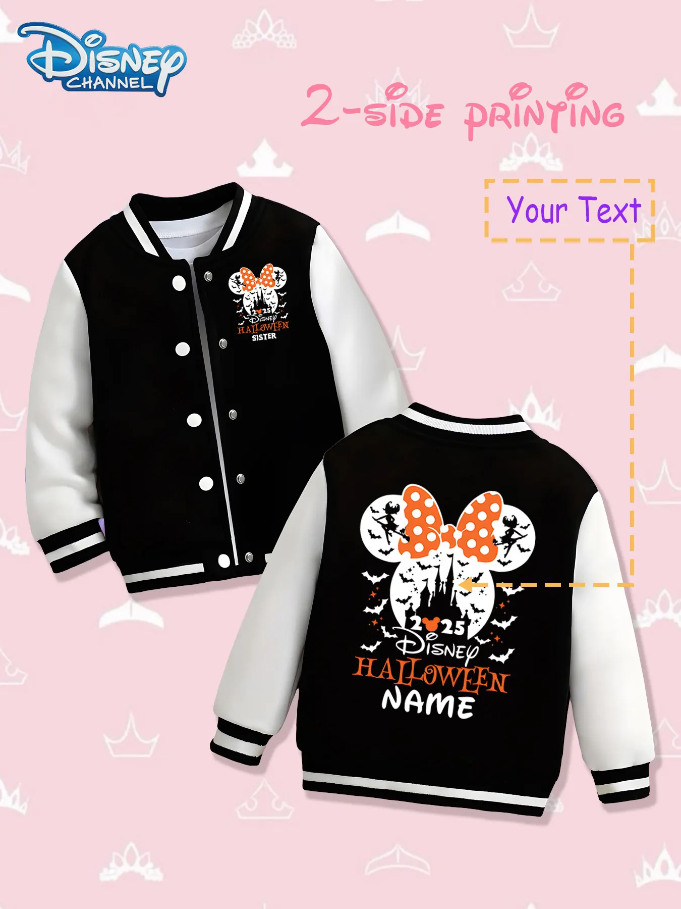 

MINISO Disney Halloween Minnie Bow Girls Baseball Jacket - Double-sided holiday print, warm and suitable for autumn and winter,