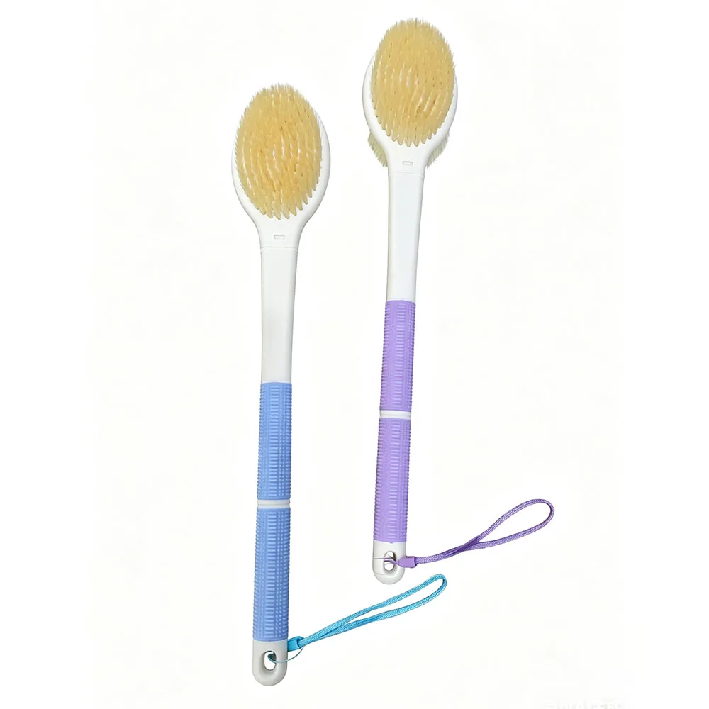 Double Sides Back Scrubber Anti Slip for Shower, Bath Brush Long Handle with Stiff and Soft Brush, Body Exfoliator for Dry Brush