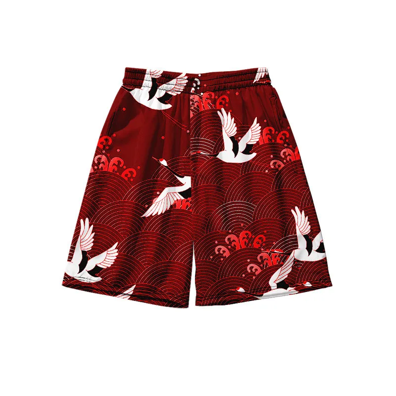Japanese Style Men Kanagawa Wave Crane Graphic Print Shorts Fashion Straight Oversized Drawstring Knee Length Pants All-match