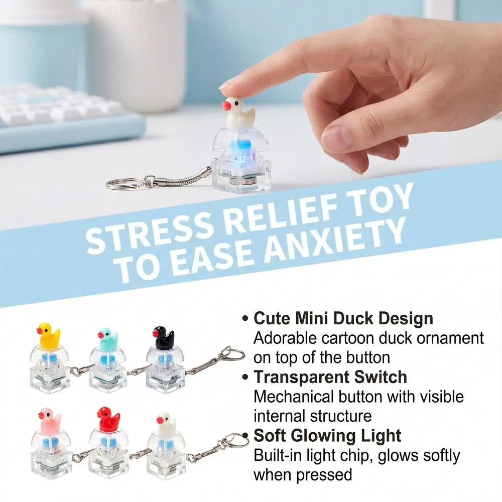 Cute White Duck Clear Shell Button Fidget Keychain Portable Press Buttons Stress Relief  Smooth Shell Decompression Key Ring
