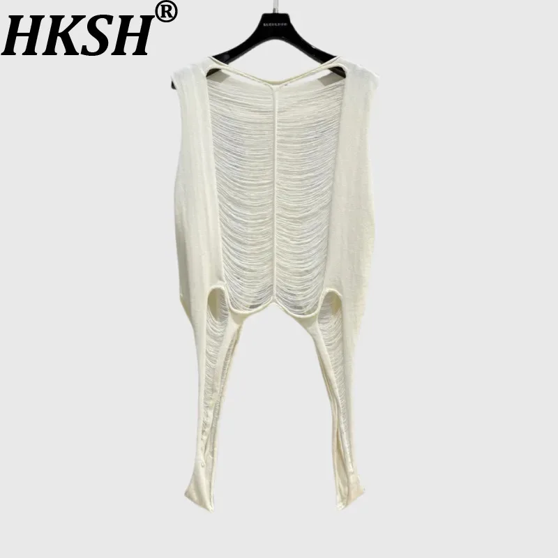 HKSH Women Tank Top Trend Solid Color Hollow Out Irregular Knitted Niche Design Sheer Sexy Sleeveless Streetwear Ins Vest HK8206