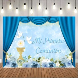 1pc Photography Background My Baptism God Bless Gold Chalice Cross Party background Banner My First Communion Blue curtain