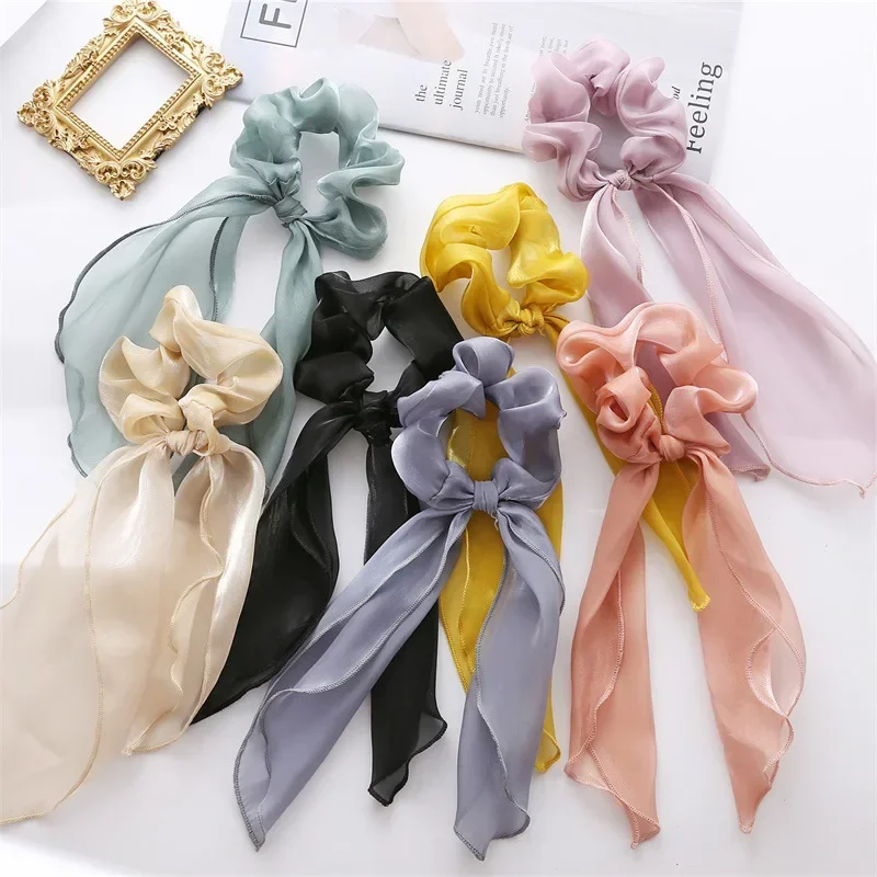 Scrunchie neue Frauen elegante Vintage-Druck Punkt Bogen Knoten elastische Haar bänder süße Mode Haarschmuck Ribbit Ohr Krawatten Chiffon