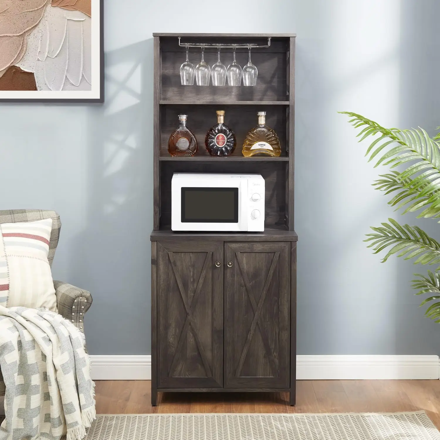 Wine Bar Cabinet With Wine Glass Rack, Wood Frame, Farouse-Style, Home Beverage Center