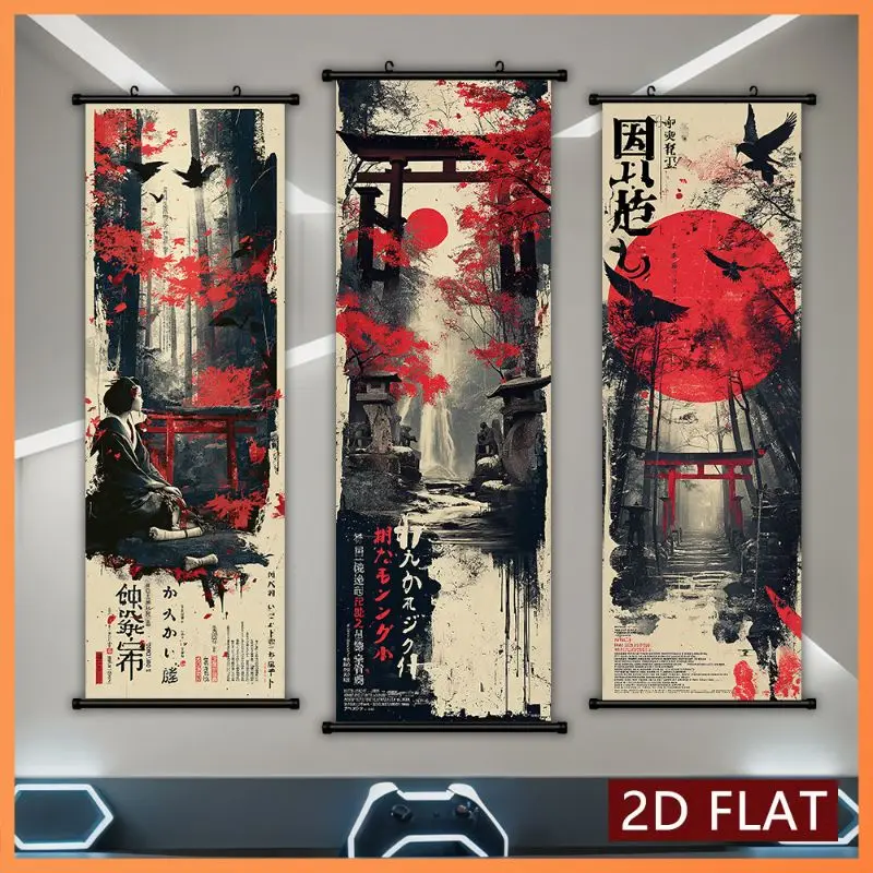 VIKAMA Vintage Torii Gate Crow Wall Tapestry Red Sun Japanese Calligraphy Scroll Art Home Decor Cute Kawaii Soft Durable Cozy