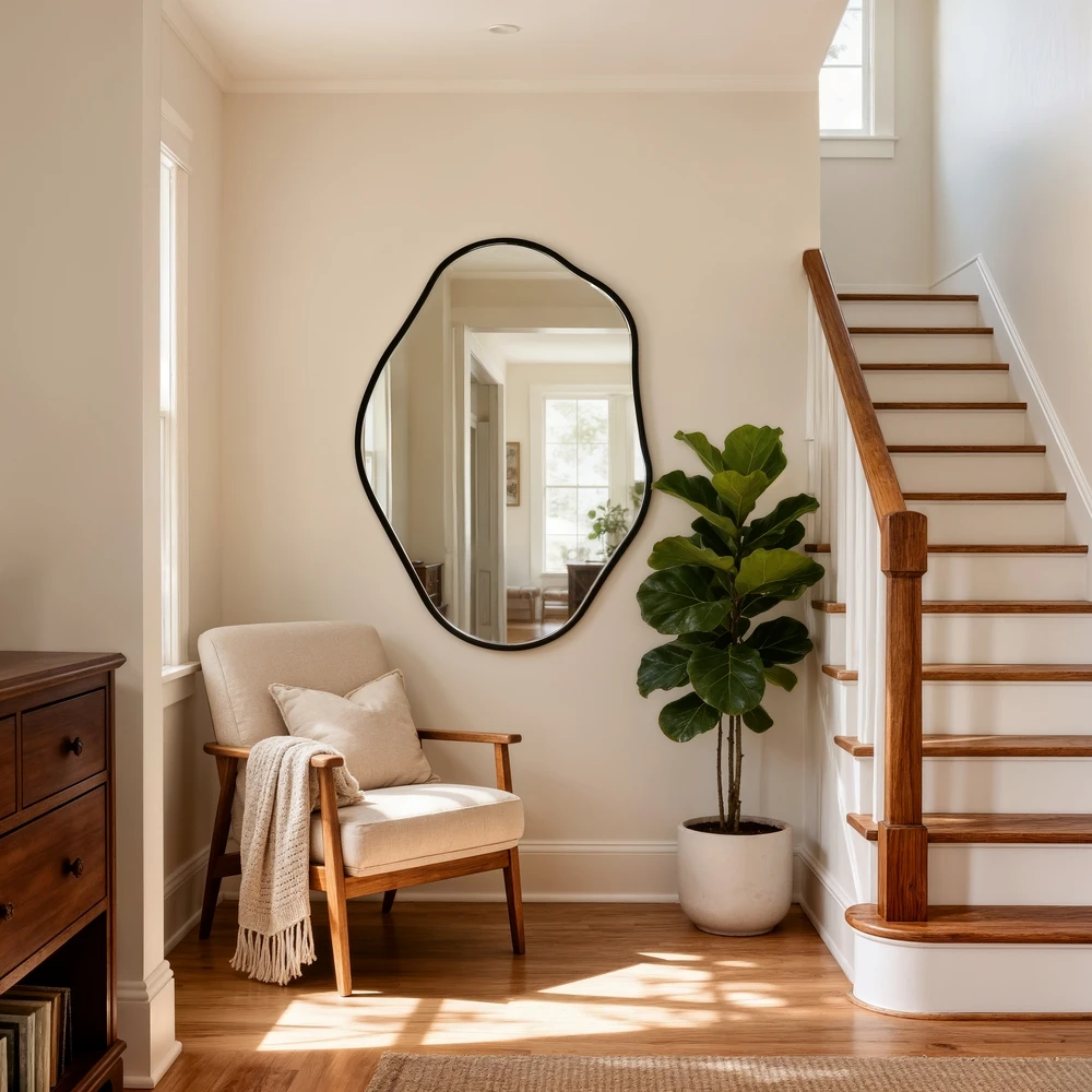 Asymmetrical Black Wall Mirror, Large Irregular Modern Wall Mounted Mirror with Aluminum Alloy Frame, Unique Freeform Decorative Art Mirror for Living Room, Bedroom, Entryway & Hallway