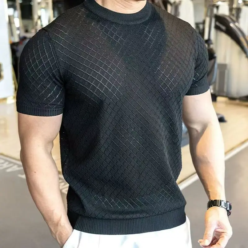 T-Shirt Men Ice Silk Knitted Short Sleeve Diamond Pattern Hollowed Out Breathable Textured Tshirt Casual Cool-Feeling Beach Tops