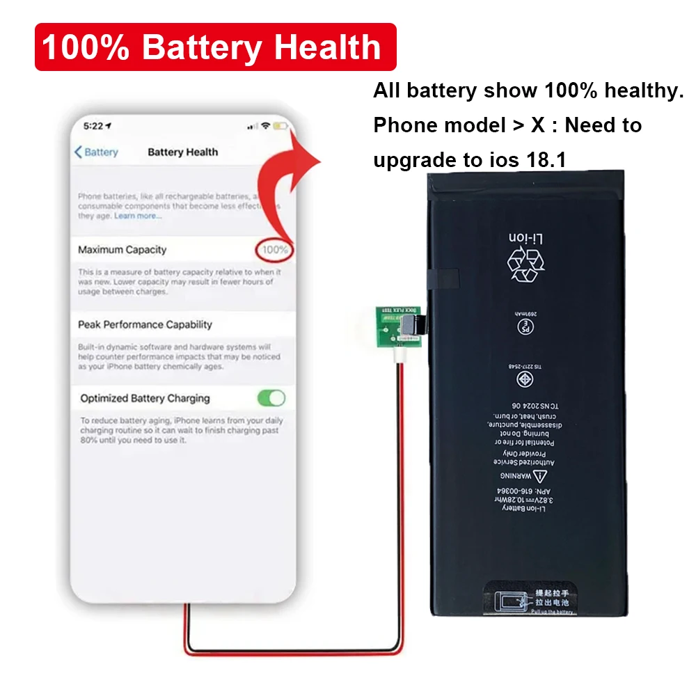 Wholesale 100pcs Phone Battery For iPhone 8G XR 11 12 15PM Rechargeable Batteria Replacement No BMS Soldering Show 100% Capacity