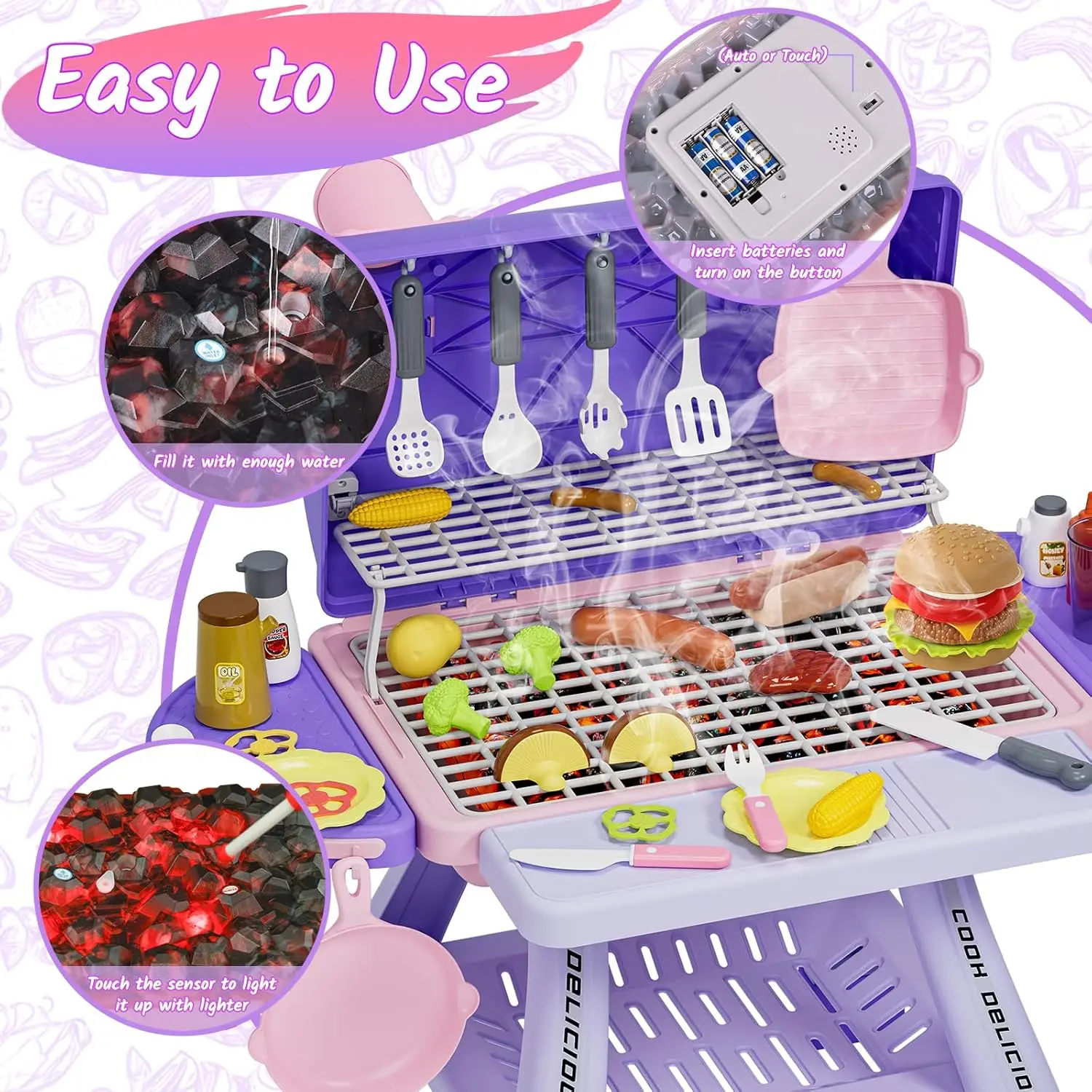 New Upgraded Kids BBQ Grill Playset with Smoke, Sound&Light, Toy Grill for Girls, Pretend Food Hamburger, Kitchen Barbecue Toy G