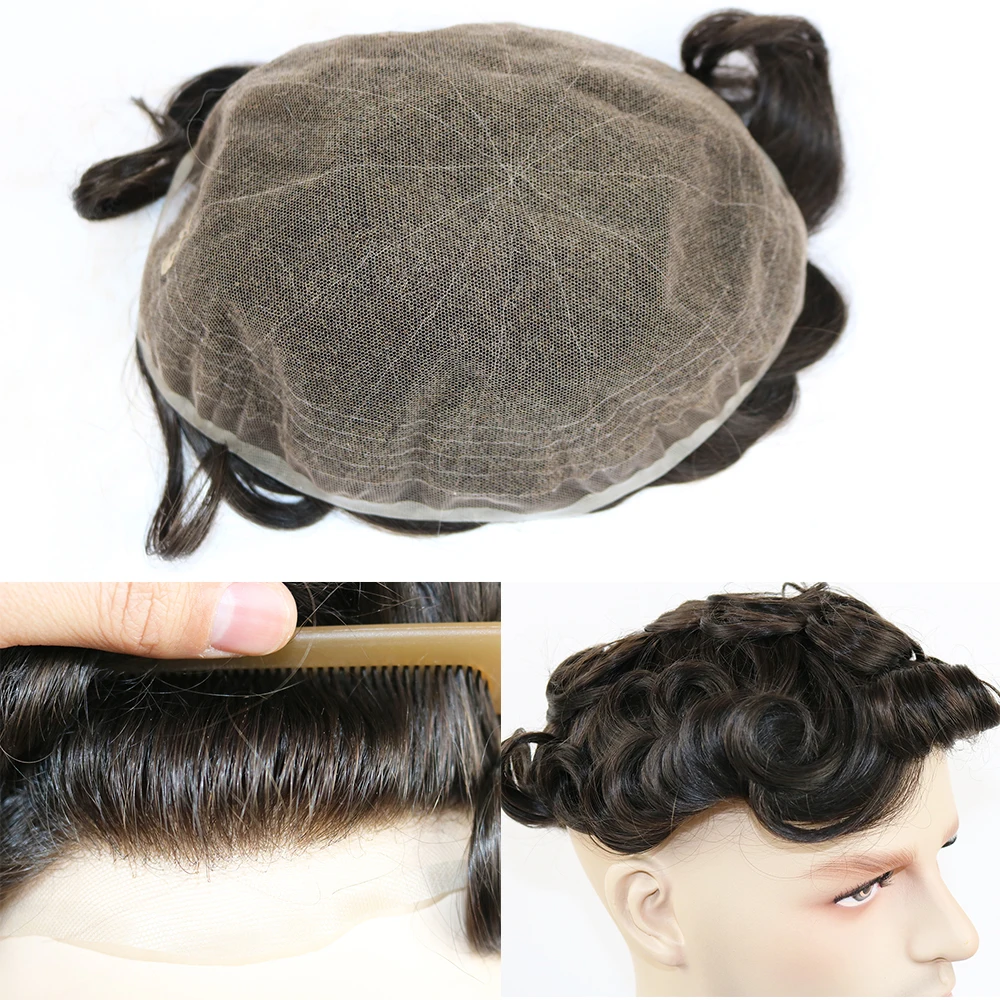 Natural Hairline Full Lace Mens Toupee Breathable Super Durable Brown Black Human Hair Wig Undetectable Bleach Knots Prosthesis