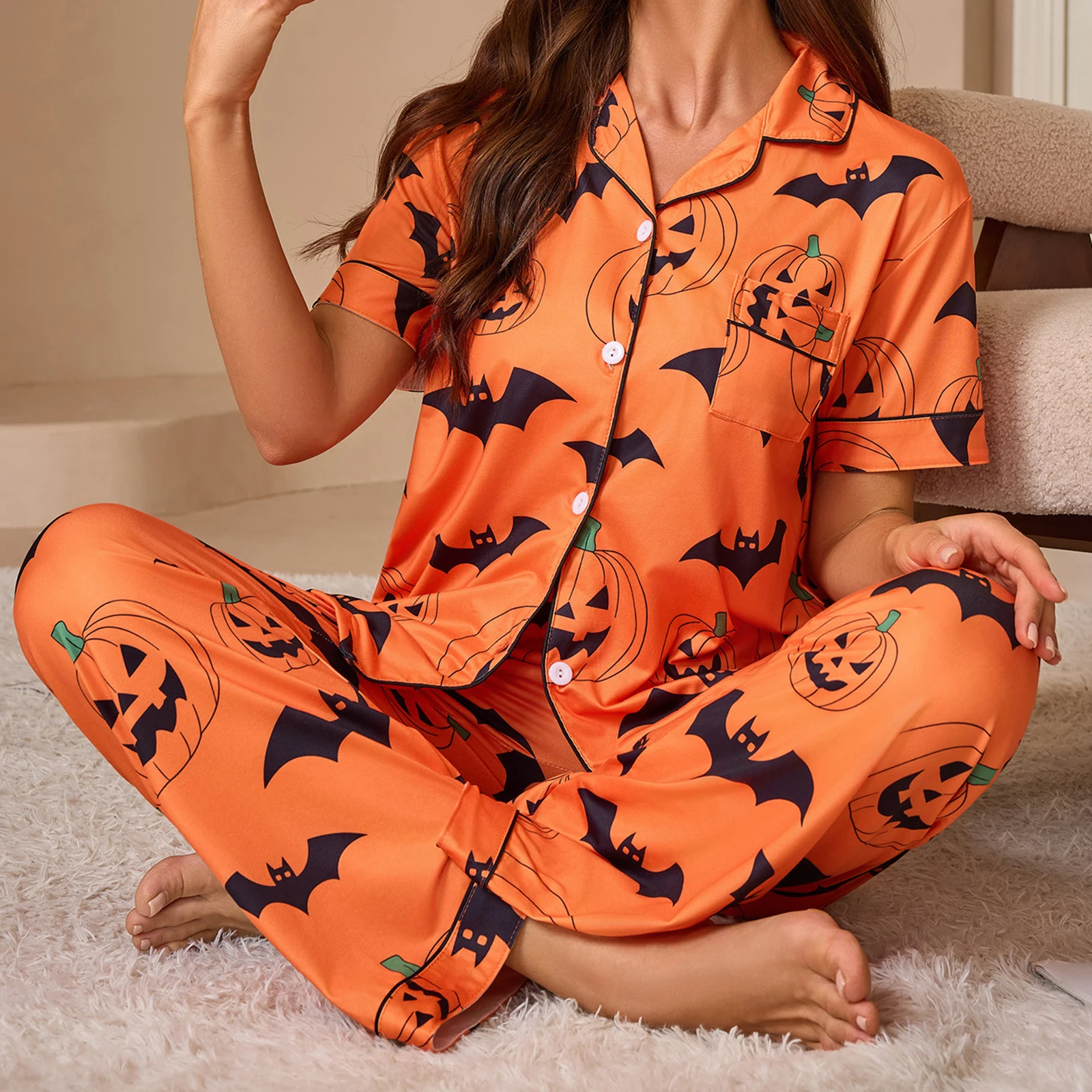 Women Halloween Pajama Set, Pumpkin Bat Print Short Sleeve Button Closure Shirt with Pants Sleepwear Loungewear