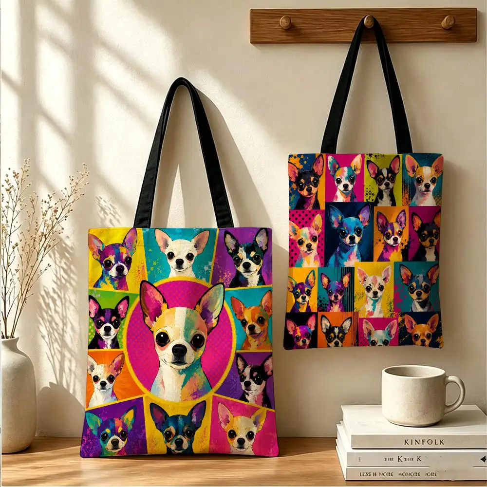 Chihuahua Pop Art Collage Storage Bags Large Capacity Canvas Tote Bag Reusable Shoulder Handbag for Daily Shopping Travel