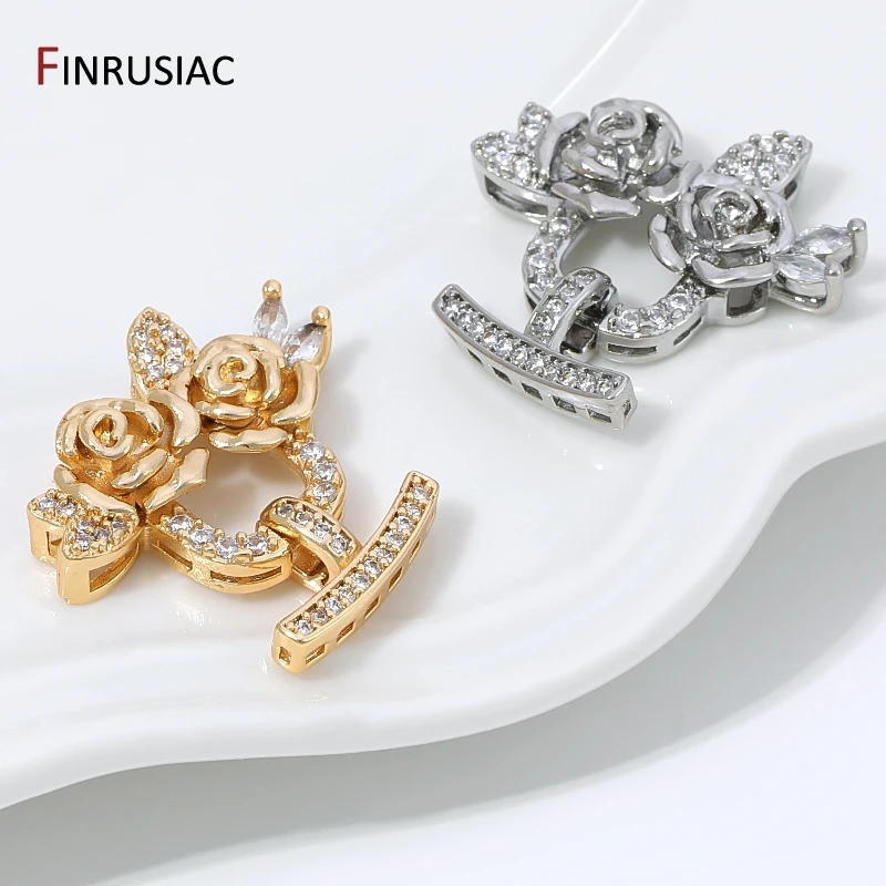 14K Gold Plated Brass Zircon Flower Pearl Clasps,Multi-row Closure Fasteners Lock Clasps For DIY Jewelry Making Accessories