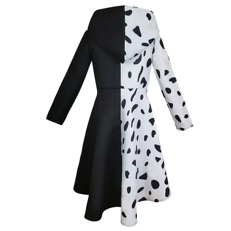 Adult Kids Evil Madame Cruella De Vil Cosplay Costume Girl Women Black White Funny Hooded Dress Wig Halloween Carnival Clothes