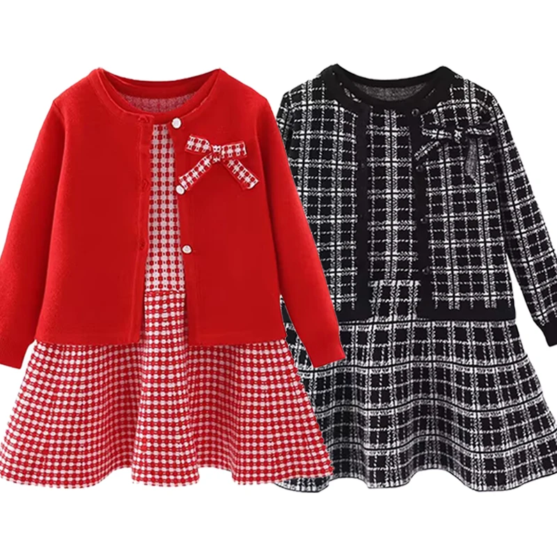 Autumn children's baby sweater knitting long sleeve dress Christmas Day party girl's plaid sweater coat Plaid vest suit dress