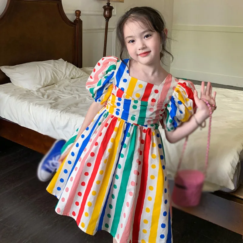 3-8 Years Baby Girls Dot Rainbow Dress Summer Princess Puff Sleeves Clothing Kids Cute Dresses Children Clothes Puffy Skirt