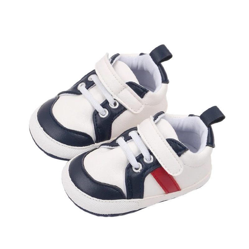 Tênis antiderrapantes para bebês infantis, Stripe PU Leather, Sola macia, Prewalker Shoes, First Walker Shoes