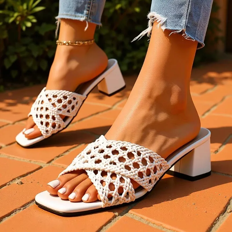 2026 Summer Plus Size High Chunky Heels Modern Sandals Hollow Weave Dressy Outdoor Hot Sale Women's Classics Fashion Slippers