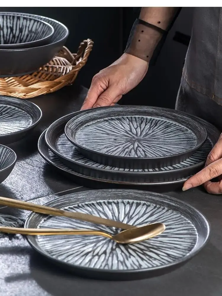

Nordic Retro Ceramic Plate Western Steak Flat Household Kitchen Tableware Supplies Fruit Snacks