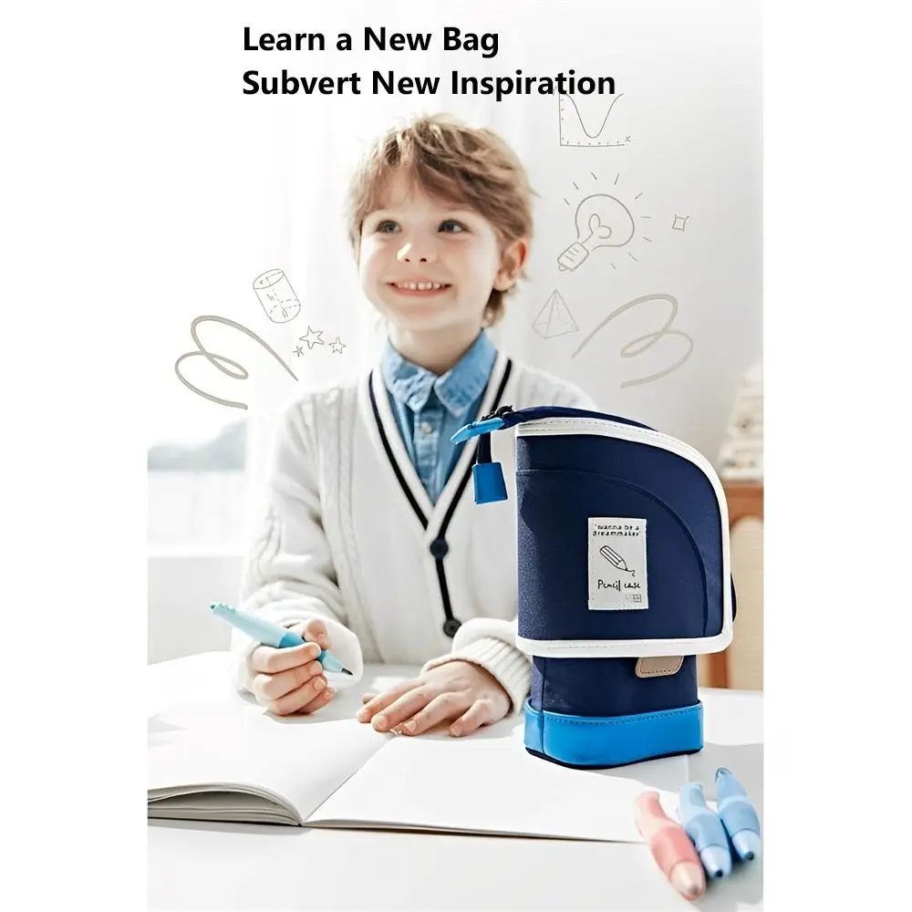 Gift 2-in-1 Standing Pencil Case Portable Vertical Student Pen Holder Retractable Pencil Bag Desk Supplies Holders view 4
