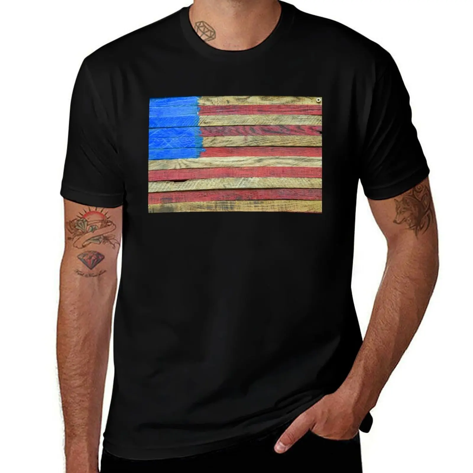 

Photo of a USA flag painted on to wooden slats T-Shirt Blouse funny gifts basketball graphic tees tee shirts for men