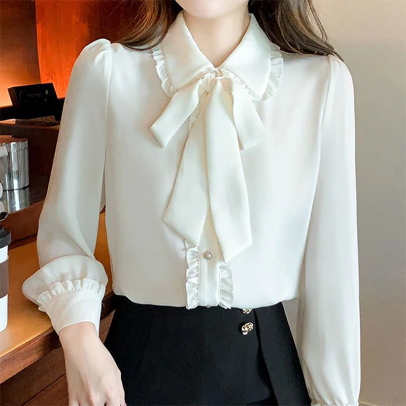 Spring Summer Elegant Fashion White Bow Shirt Women\'s Temperament Button Up Top Ladies Long Sleeve Chiffon Blouse Femme Cardigan