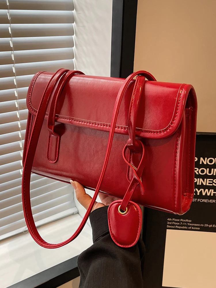 Fashion Red Shoulder Bags For Women Trendy Textured Solid Color Handbag Autumn Winter Versatile Female Underarm Pack