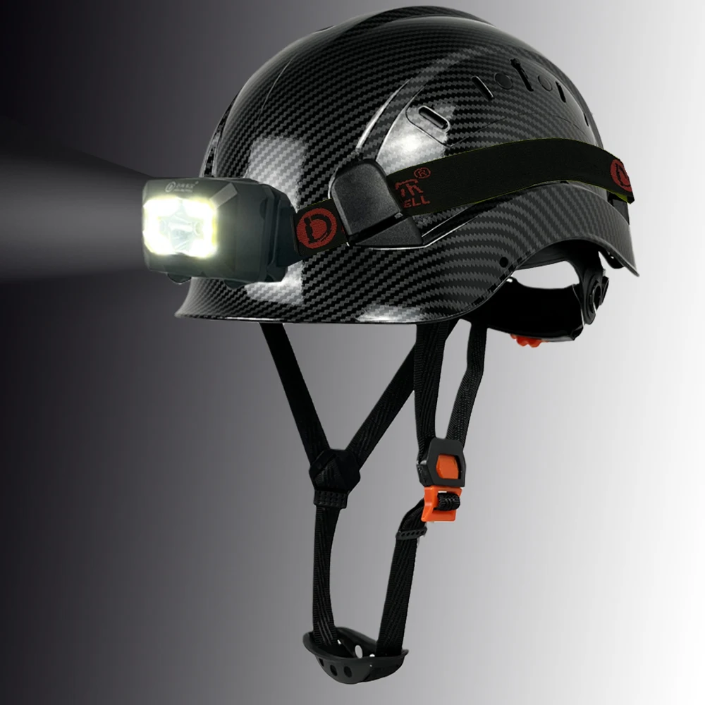 

Carbon Fiber Color Safety Helmet With Led Head Light CE EN397 ABS Hard Hat ANSI Industrial Work At Night Head Protection