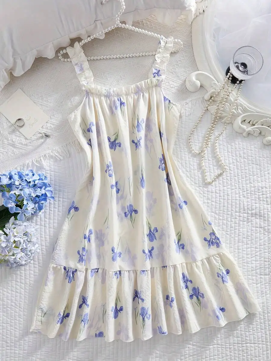 

Women Floral Print Sleeveless Nightgown With Ruffled Strap And Hem, Lightweight Breathable Summer Loungewear