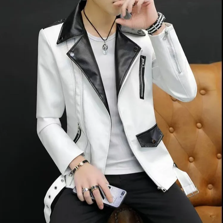 Spring and Autumn Korean Style Motorcycle Leather Jacket for Men, Loose, Handsome Black American Style Leather Jacket for Men