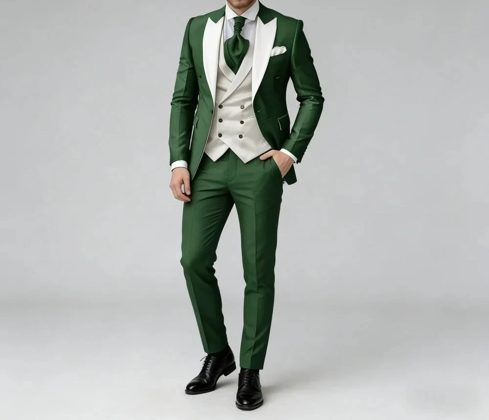 Green White Contrast Color For Men Wedding Formal Shawl Lapel 3PCS Suit Groom Suit Set Jacket Vest Pants Occasion Customized