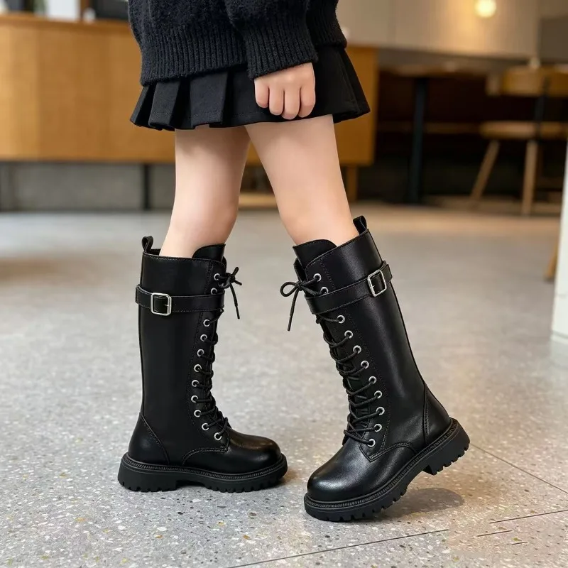 Childrens Fashion Boots 3-18 Years Old All-season Mid-length Boys Girls Leather Shoes Girls Low Heel Boots Kids Knee High Boots