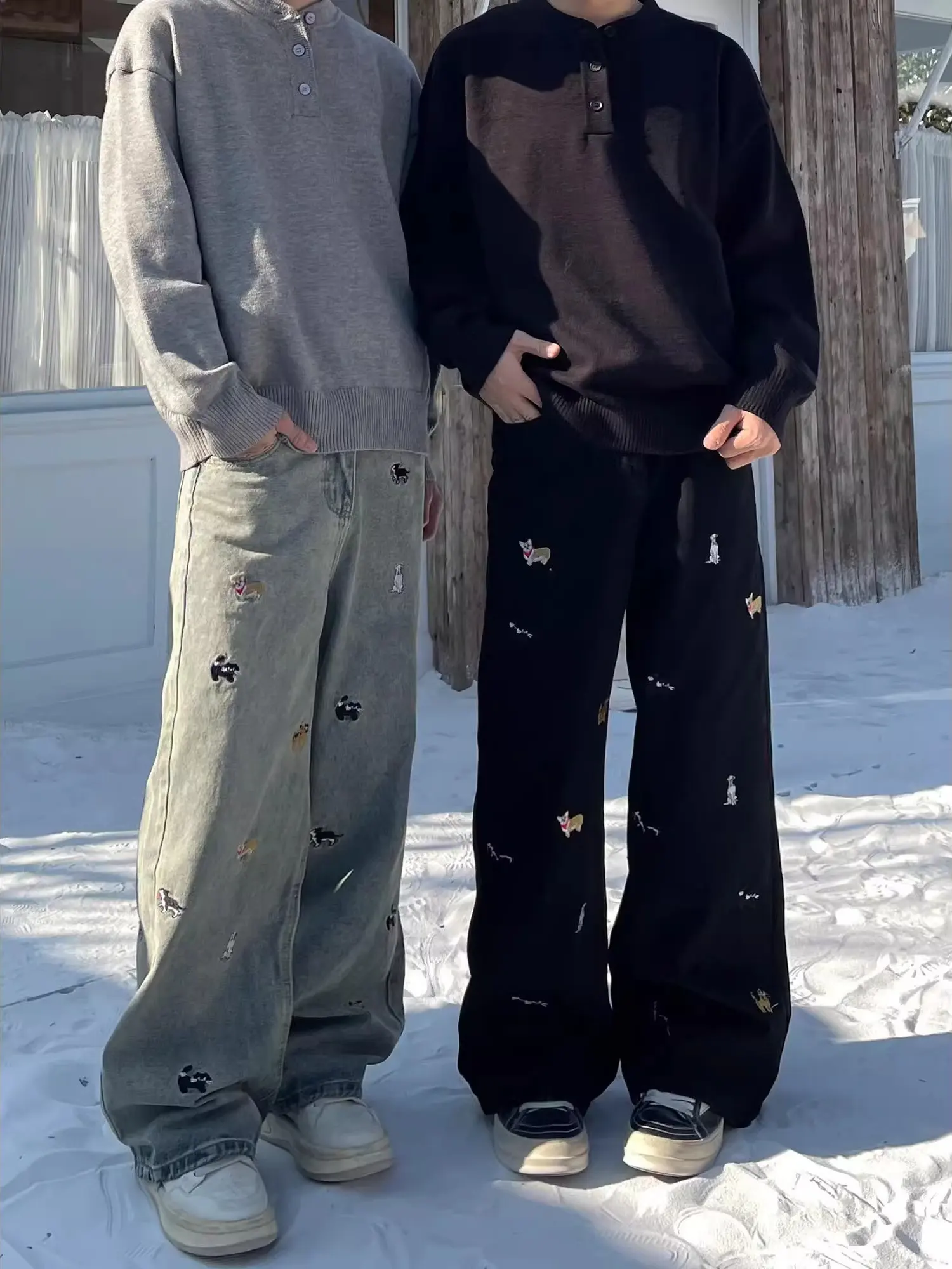 

Джинсы в американском винтажном стиле с вышивкой, свободные, широкие штанины, повседневные, унисекс, длиной в пол, прямые, облегающие