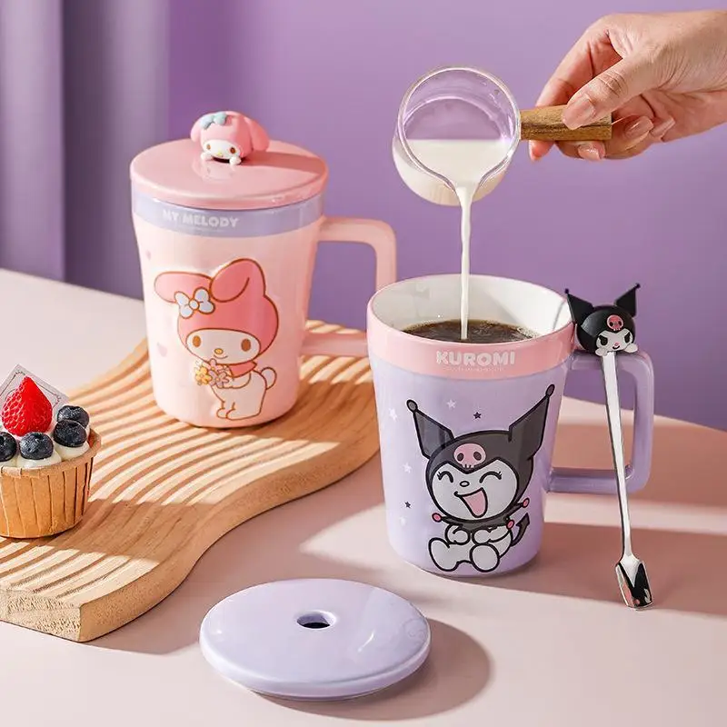 

New 540Ml Sanrio Kuromi Cup Kawaii Large Capacity Cartoon Cute My Melody Cinnamoroll Ceramic with Cover Water Cup Birthday Gift