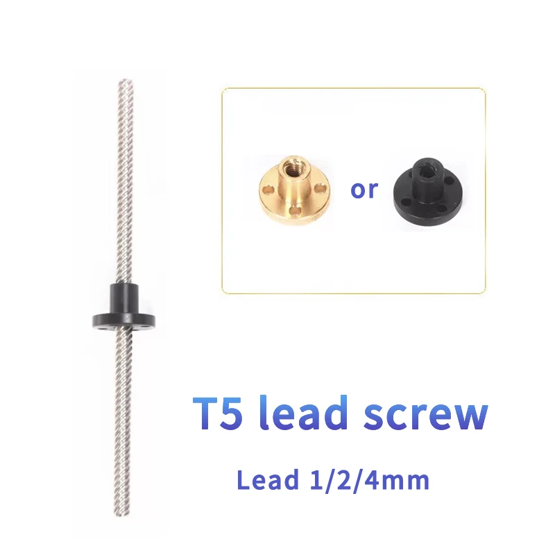 Śruba prowadząca T5 Stal nierdzewna 304 Średnica 5 mm Skok 1 mm Śruba prowadząca 1 mm/2 mm/4 mm z nylonową nakrętką / nakrętką mosiężną do drukarki 3D