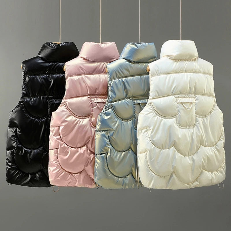 Womens Sleeveless Warm Puffer Vest Outerwear Stand Collar Zipper Up Shiny Solid Padded Gilet Waistcoat with Pockets Coat Women