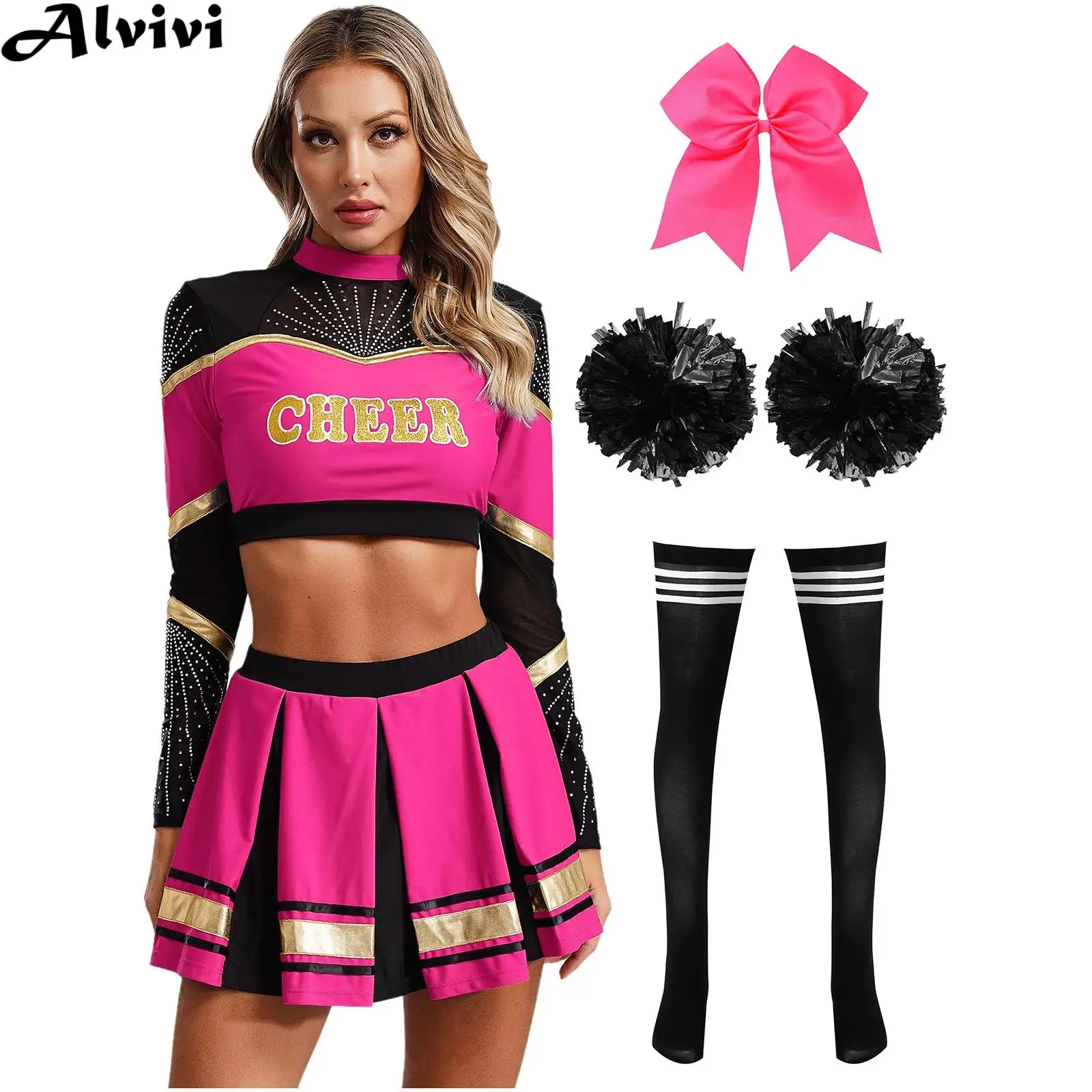 Women Cheerleading Dance Performance Outfit Crop Top with Skirt Headband Flower Balls Stockings for Cosplay Party Sports Meeting