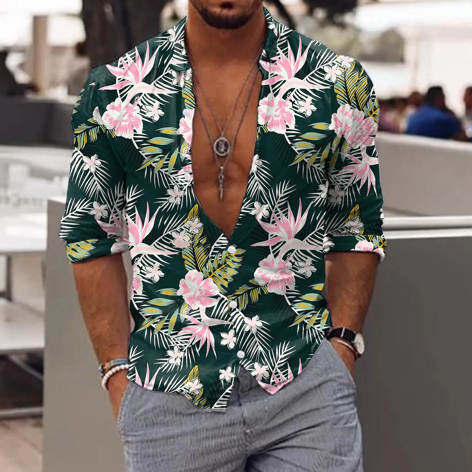 

Autumn Fashion Men Shirts Oversized Shirts Casual Floral Print Long Sleeve Green Shirt Tops Men's Clothing Club Cardigan Blouses