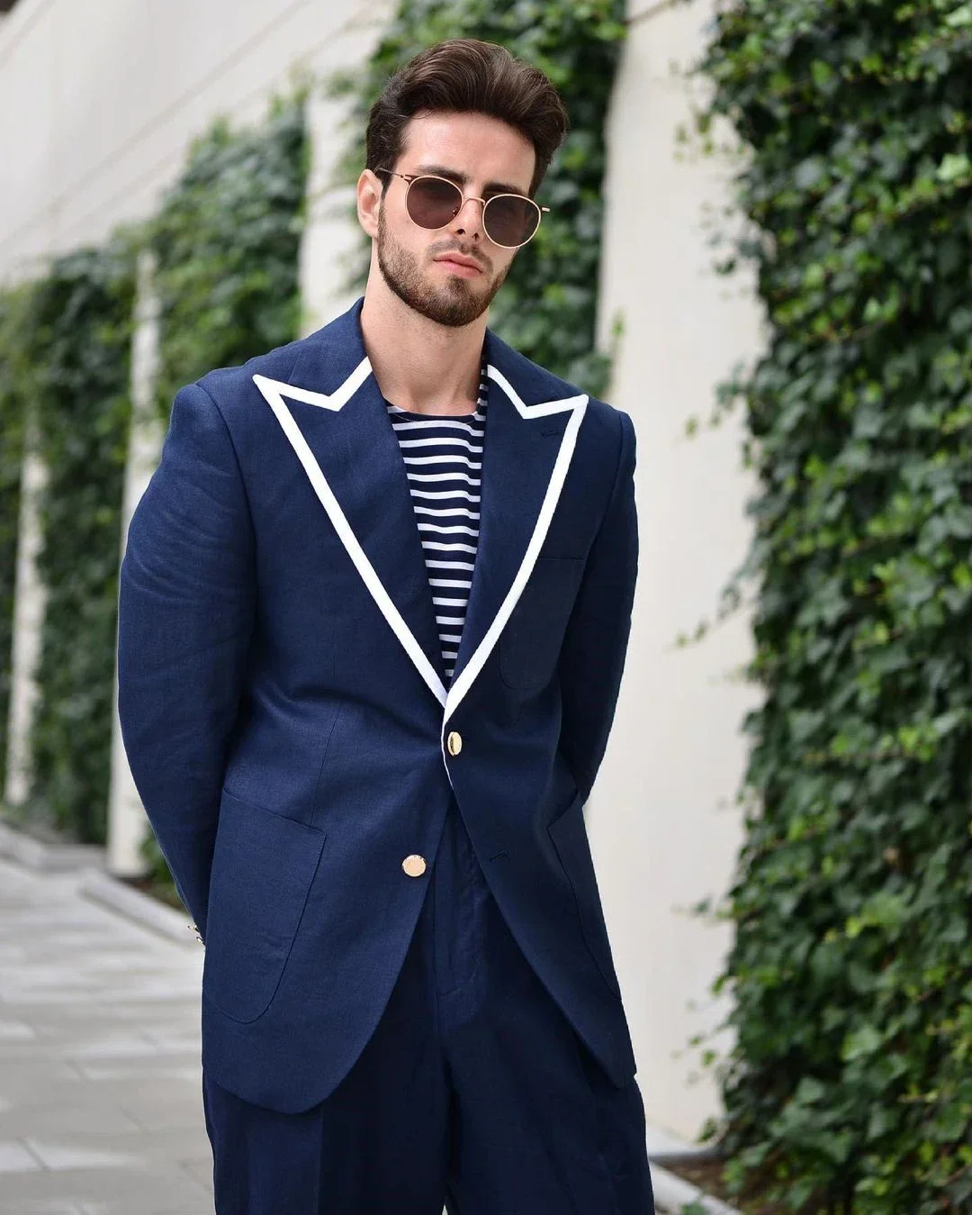 2024 Summer Fashion Blue Linen 2 Piece Men Suits Groom Tuxedos For Wedding Party Suits High Street Casual Slim Fit Costume Homme